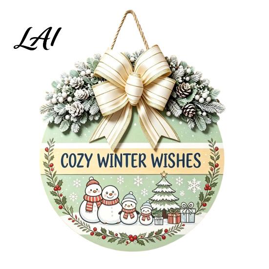 Seasonal Wall Art Christmas Wooden Welcome Sign for Front Door Round Hanging Ornament with Gift Artificial Pine Branches & Bow Decor Holiday