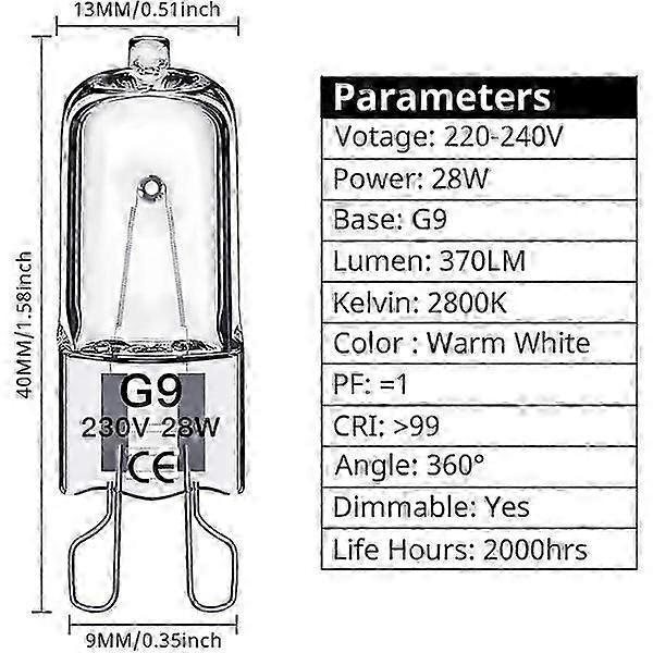 G9 Halogen Bulb 60W,230V,10 Pack