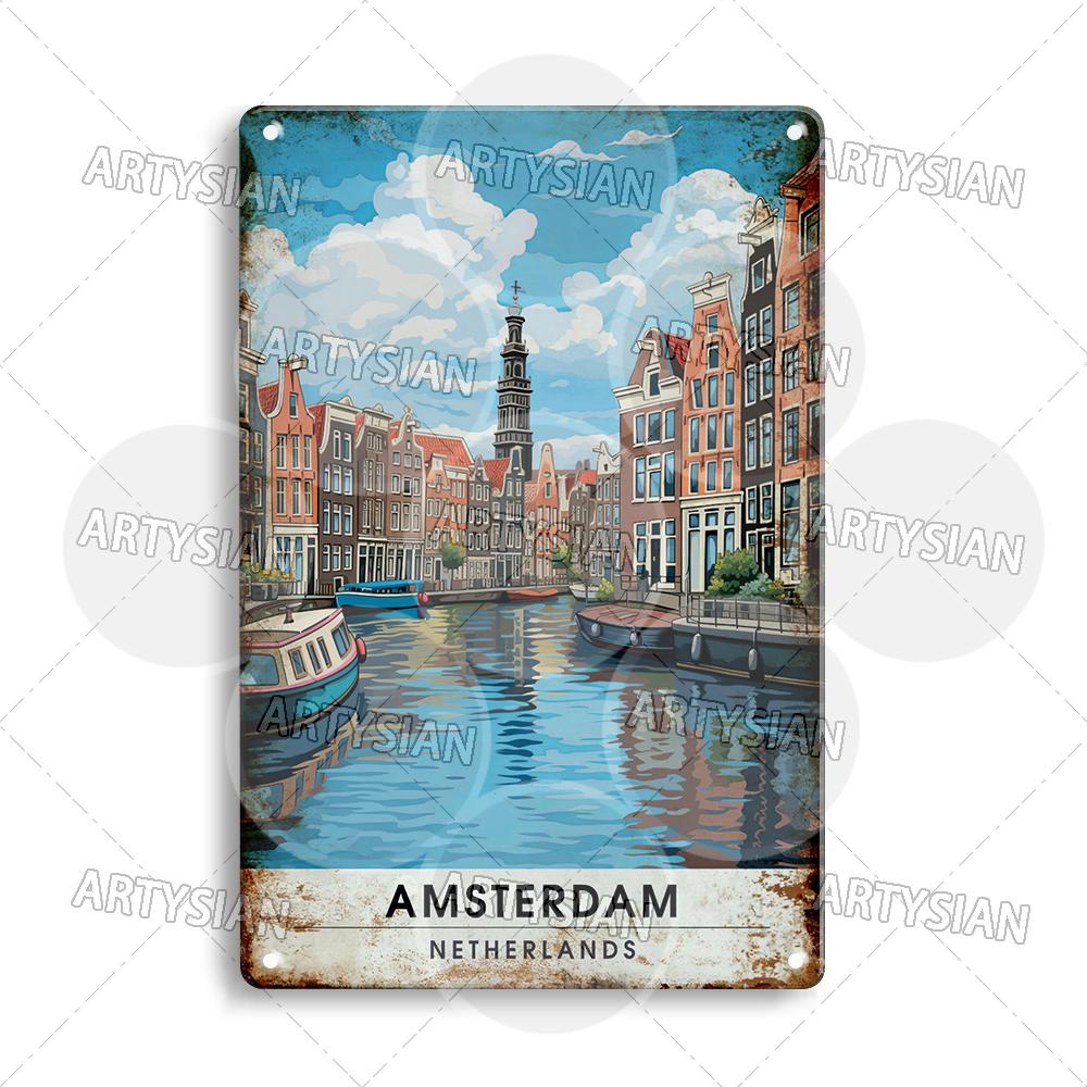 Netherlands Turkey Travel Cityscape Metal Sign Istanbul Bodrum Cappadocia Amsterdam Antalya Bodrum Giethoorn Metal Plaque