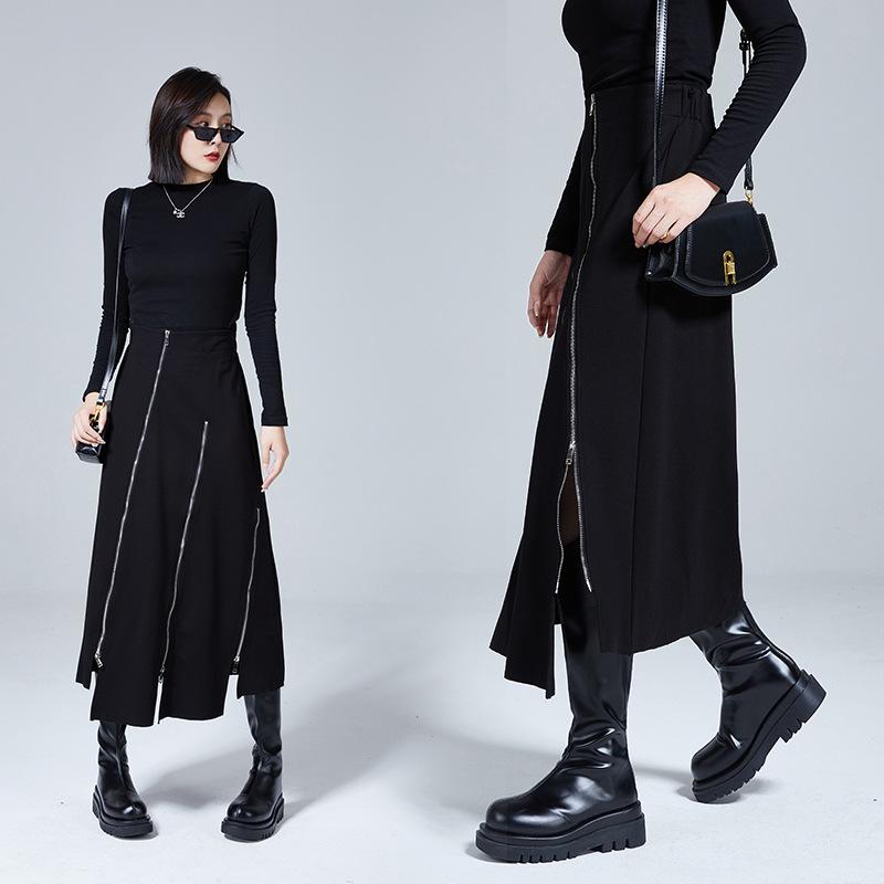 Dámská úzká sukně s vysokým pasem, nepravidelného A-střihu s rozparkem na zip - Ležérní jarní/podzimní trend