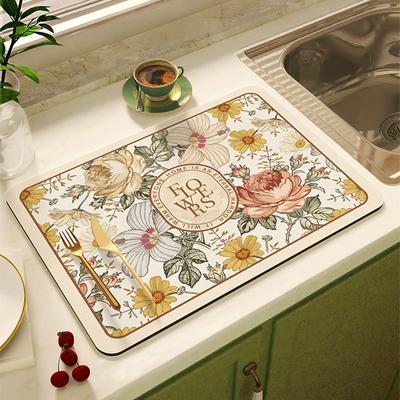 Abtropfmatte mit Blumenmuster, super saugfähig, Kaffee-Abtropfunterlage, Geschirr-Abtropfunterlage, schnelltrocknender Teppich, Küchen-Essgeschirr, Tischset