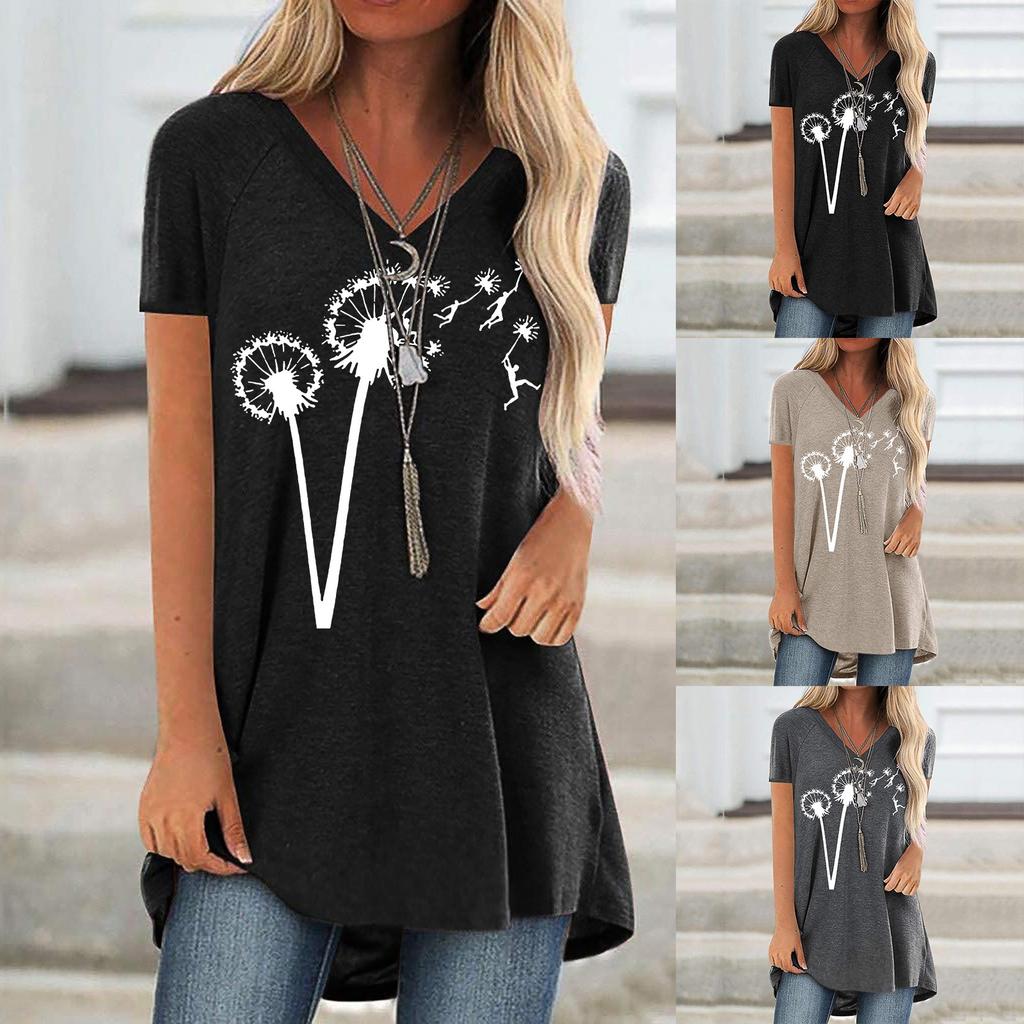 Women Fashion Casual Print V-Neck Loose Short Sleeve T-shirt Top Blouse Pullover