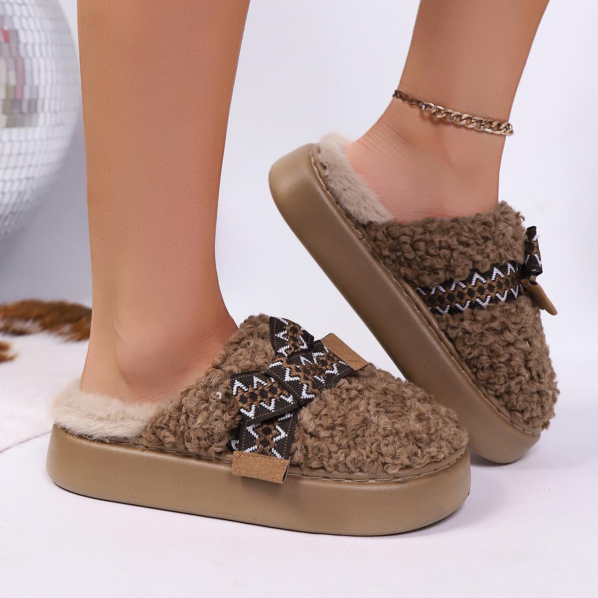 

Fashion Sweet Bowknot Fluffy Fur Indoor Slippers Women 2025 Winter Comfort Thick Bottom Home Slippers Warm Plush Non Slip Woman s Slides 36-37 коричневый