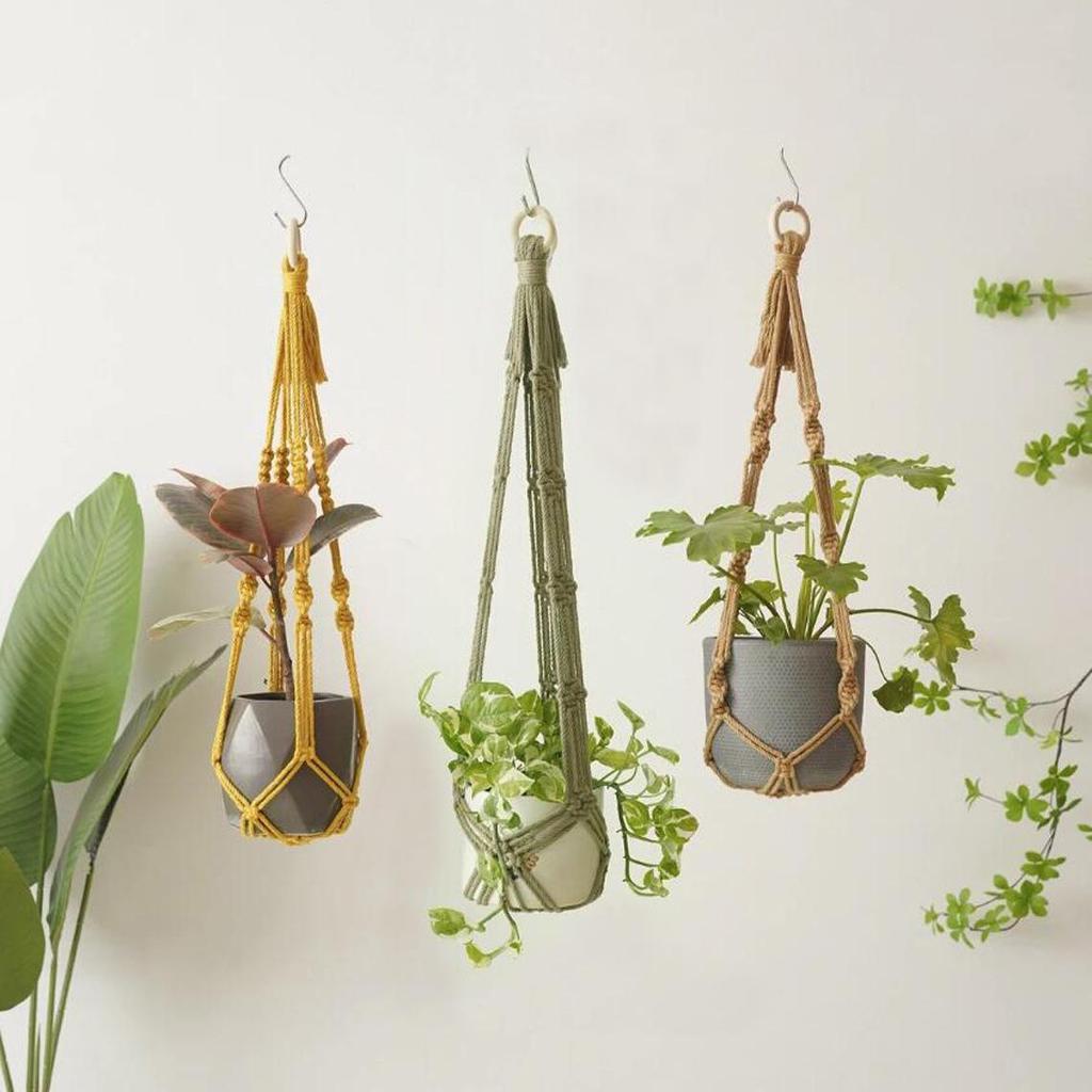 3-Piece Woven Cotton Rope Hanging Basket Set with Colorful Tassels, Bohemian Decorative Bag Hanger