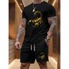 Men's Golden Scorpion Print Casual Sports Two-piece Set, Round Neck Short-sleeved T-shirt, Drawstring Shorts