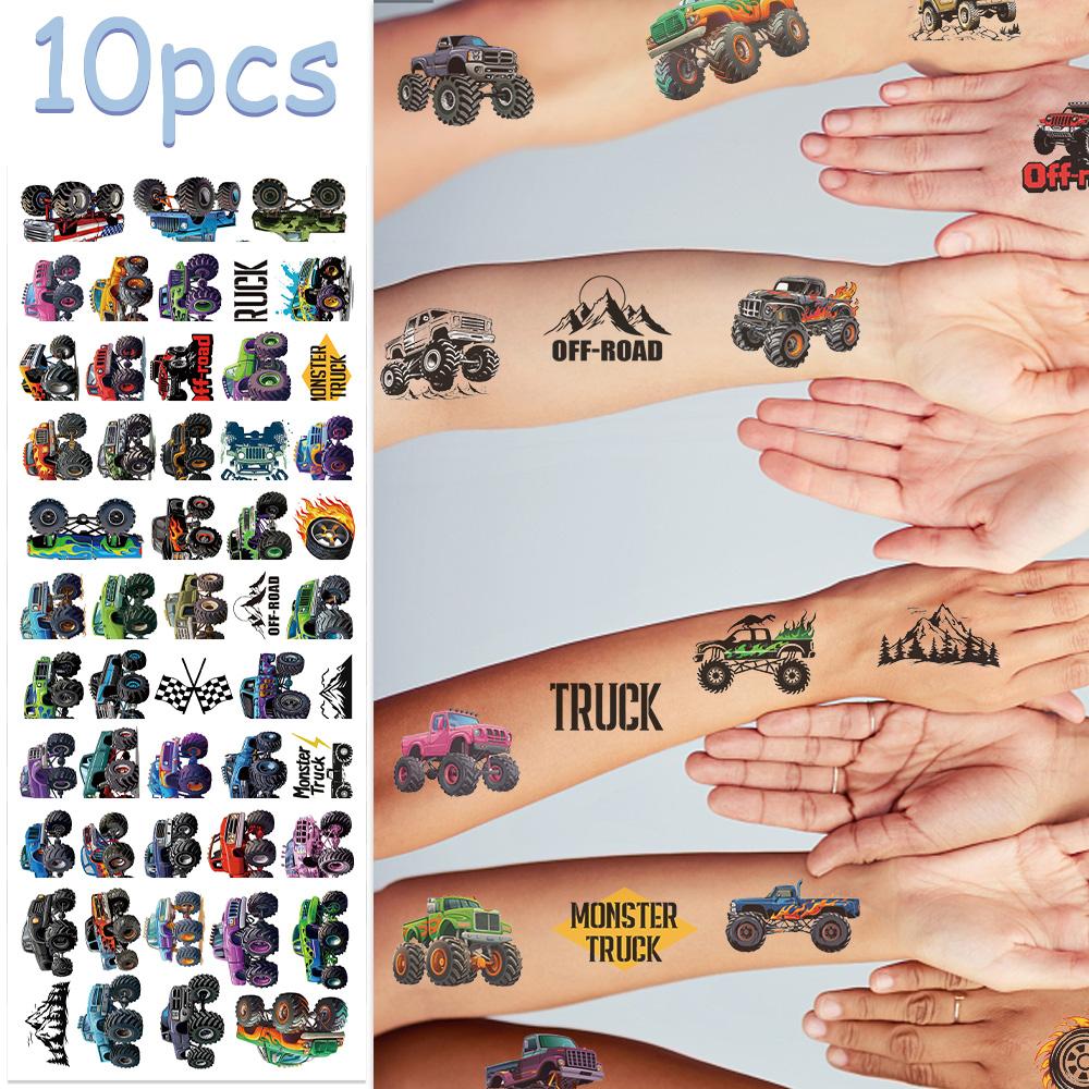 10 Vel Kleurrijke Monster Trucks Tattoo Stickers Voor Gezicht Arm Lichaam Decoratieve Waterdichte Tattoo Stickers Jongens Creatieve Cadeaus