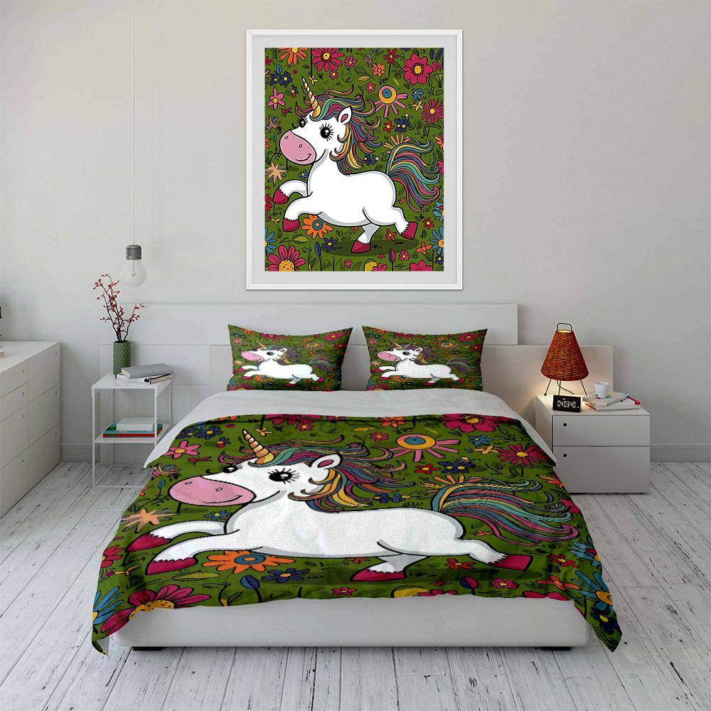 Unicorn and Floral Bedding Set Bedding Duvet Cover Set Duvet Cover Pillowcases (1 * Duvet Cover 2 * Pillowcases, Without Duvet Insert)