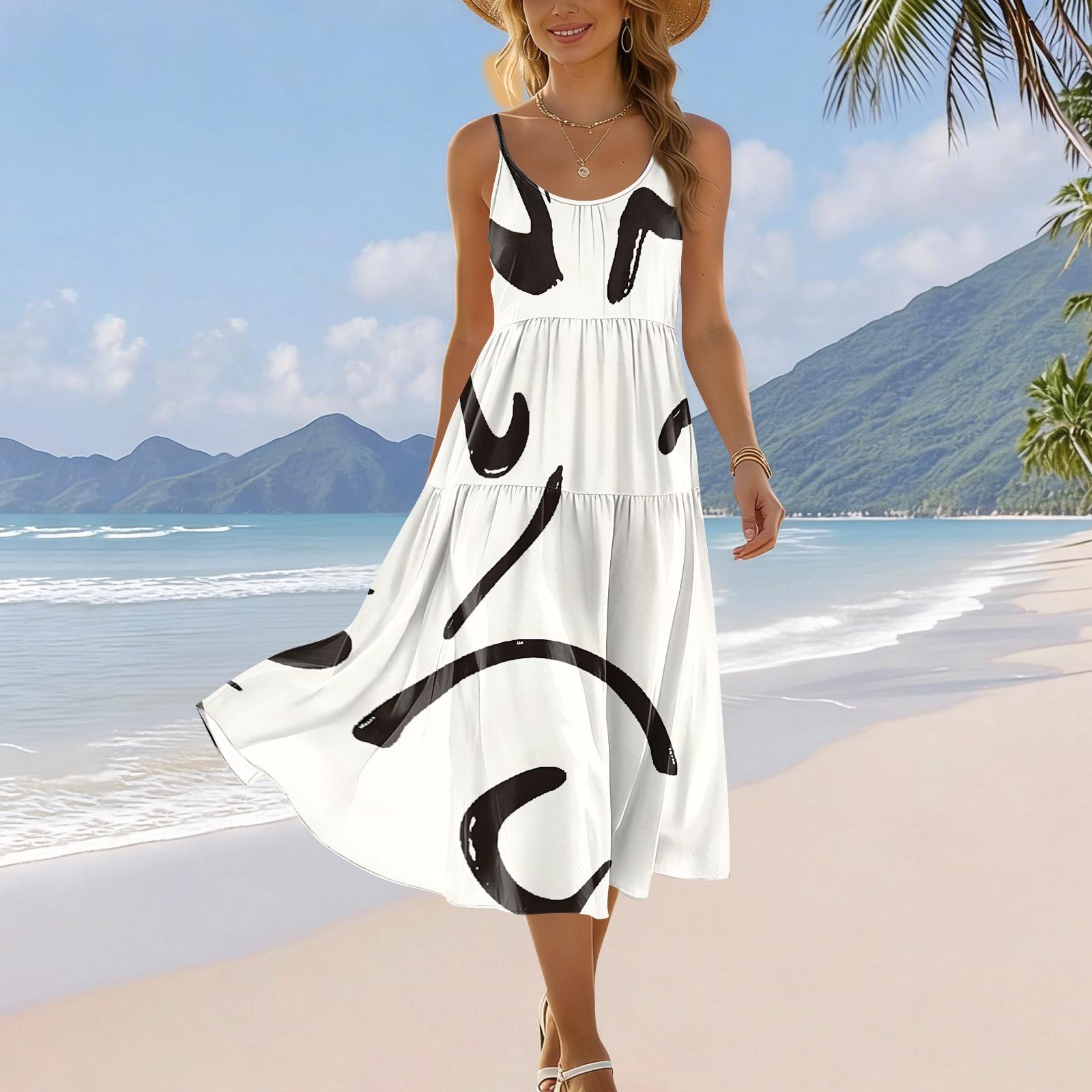 

Women s Summer Fashion Printed Pocket Adjustable Shoulder Strap Bohemian Leisure Beach Resort Strap Dress XL білий