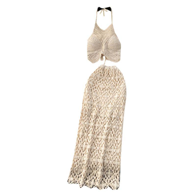 Bohemia Vacation Style Halter Spaghetti Straps Vest Sexy All-Matching Retro Crocheted Cut Out Skirt Two-piece Set Tide
