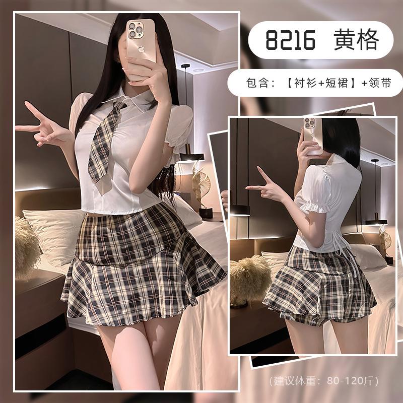 New College Style Sweet Girl Student Dress Strap Temptation Waist Skorts Two Piece Skirt Shirt Sex Uniform Set Sweet BUJ7