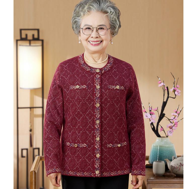 Thickened Mother-in-law Knitted Old Lady Cardigan Mother Spring and Autumn Coat Grandma Winter Clothes Plus Fluff Sweater Women