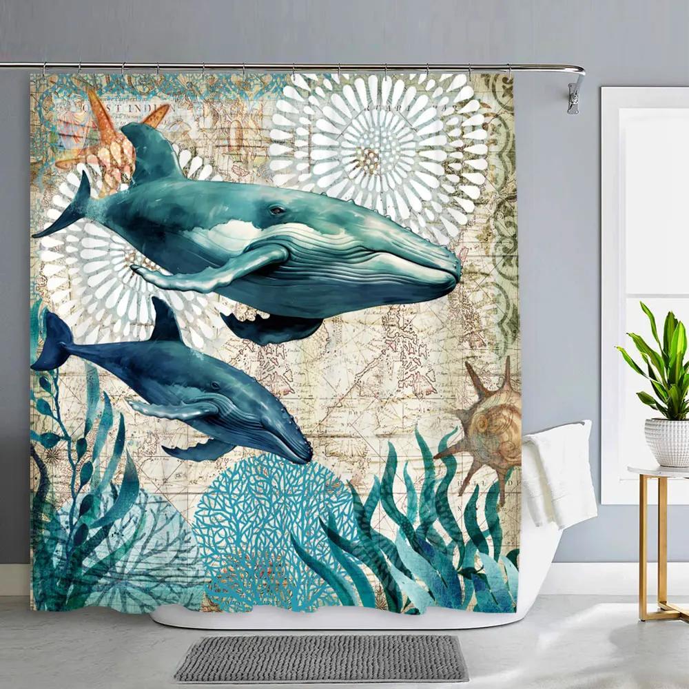 Ocean Animals Bathroom Curtains Watercolour Octopus Jellyfish Turtle Polyester Fabric Washable Shower Curtains Bathroom Decor