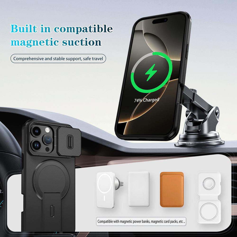KEYSION Shockproof Magnetic Case for iPhone 16 Pro 16 Pro Max Slide Camera Protect Kickstand Wireless Charging Phone Back Cover