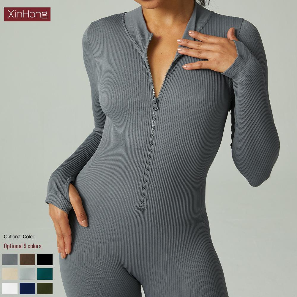 Evropská a americká bezešvá jednodílná jógová kombinéza - Dámské sportovní oblečení s dlouhým rukávem, stahující pas