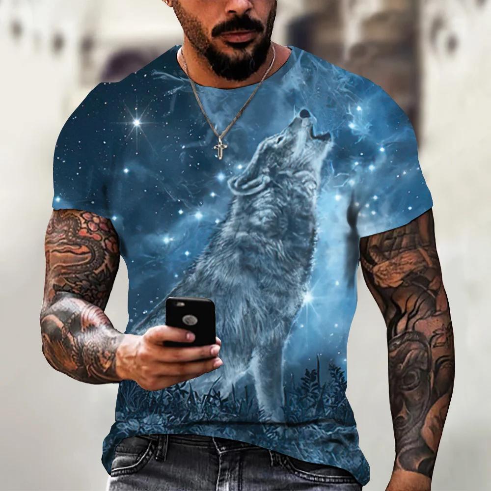 2026 Wolf Pattern Animal Print Short Sleeve Top 3D Casual Streetwear Men's T-Shirt Loose Vintage Style