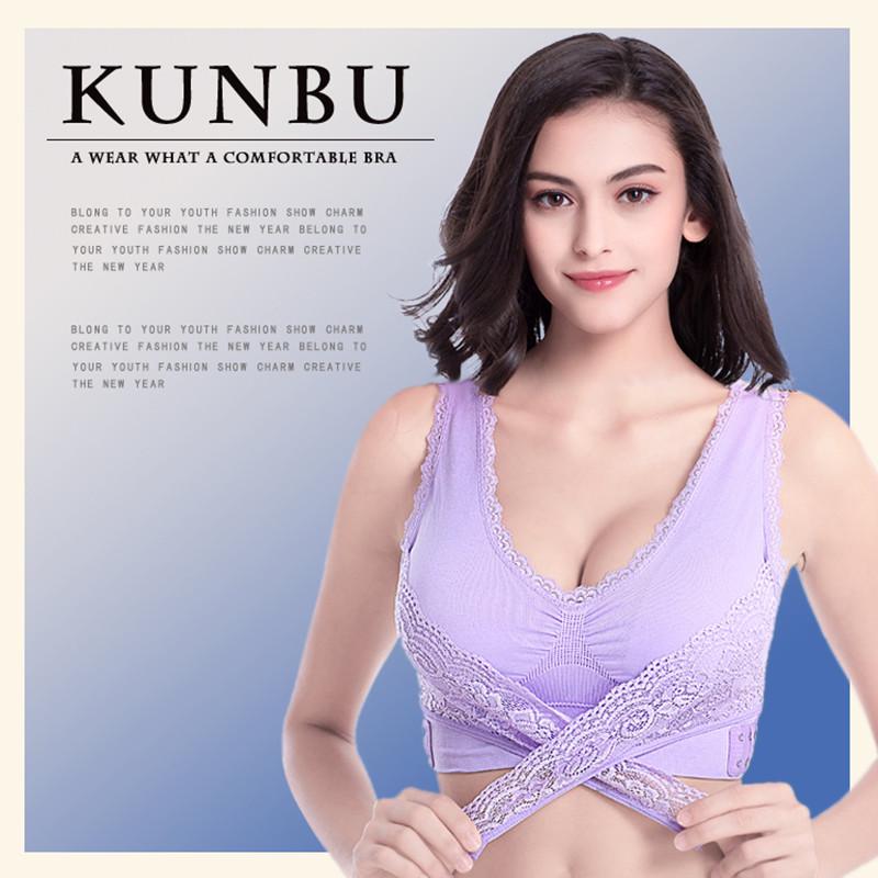 Kabelloser Sport-BH mit vorderem Kreuzverschluss und Spitzenbesatz - Push-Up-Unterstützung für Yoga & Laufen