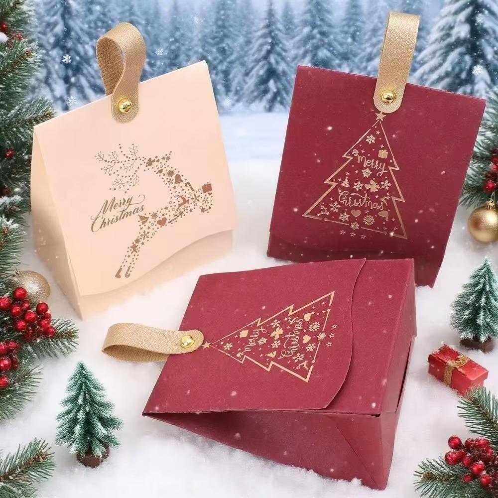 10PCS with Leather Handles Merry Christmas Candy Gift Box Hot-Stamped Cookie Package Bag Banquet
