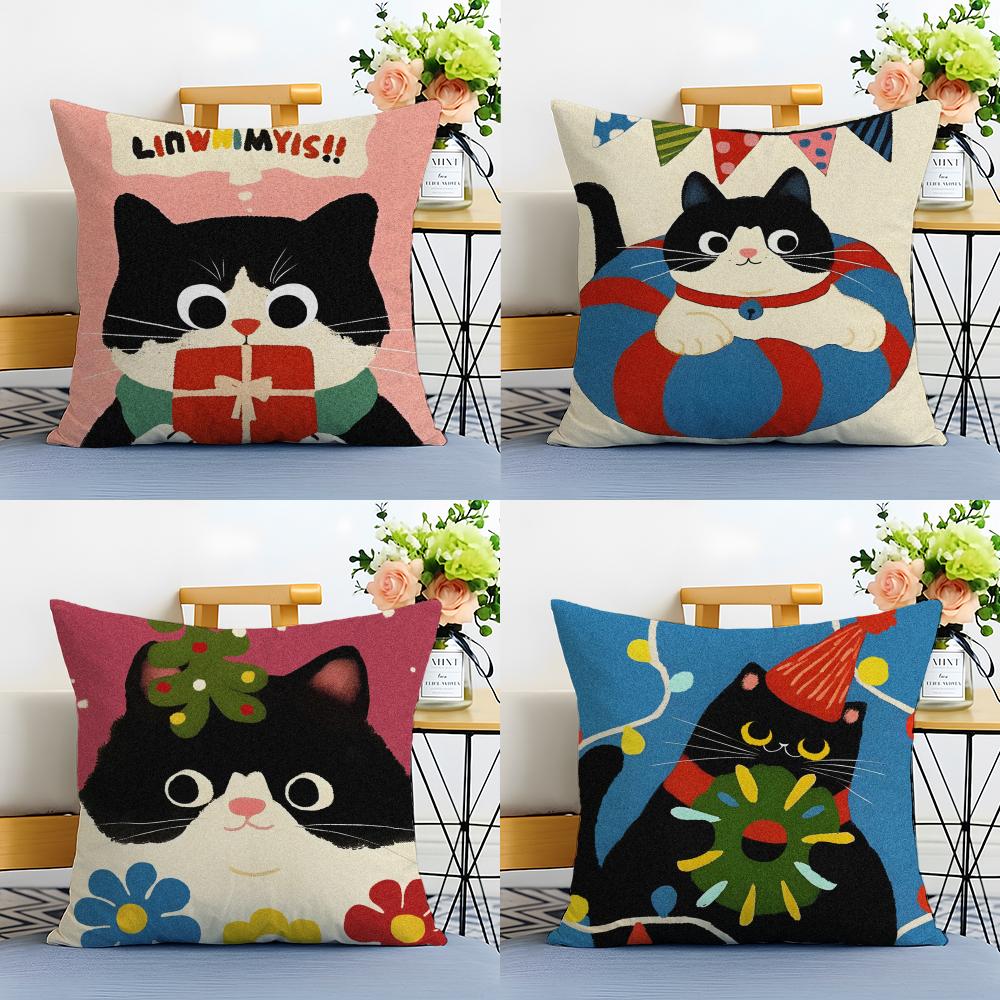 Cartoon Christmas Gift Cute Cat Cushion Cover Linen Pillowcase Soft  for Sofa Bed Home Room Decor