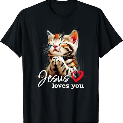Jesus Loves You Funny Cute Cat Pray Christian Men Women Kids T-Shirt