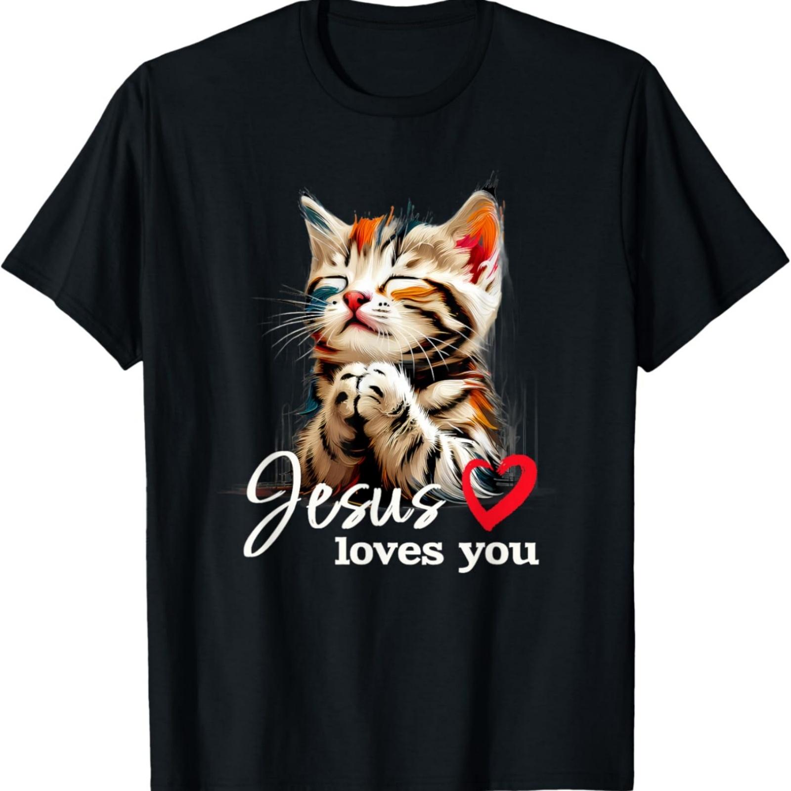 Jesus Loves You Funny Cute Cat Pray Christian Men Women Kids T-Shirt S