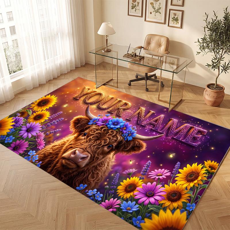 Highland Cow Theme Soft Crystal Velvet Rug Custom Name & Text Print Non Slip Floor Rug for Bedroom Living Room