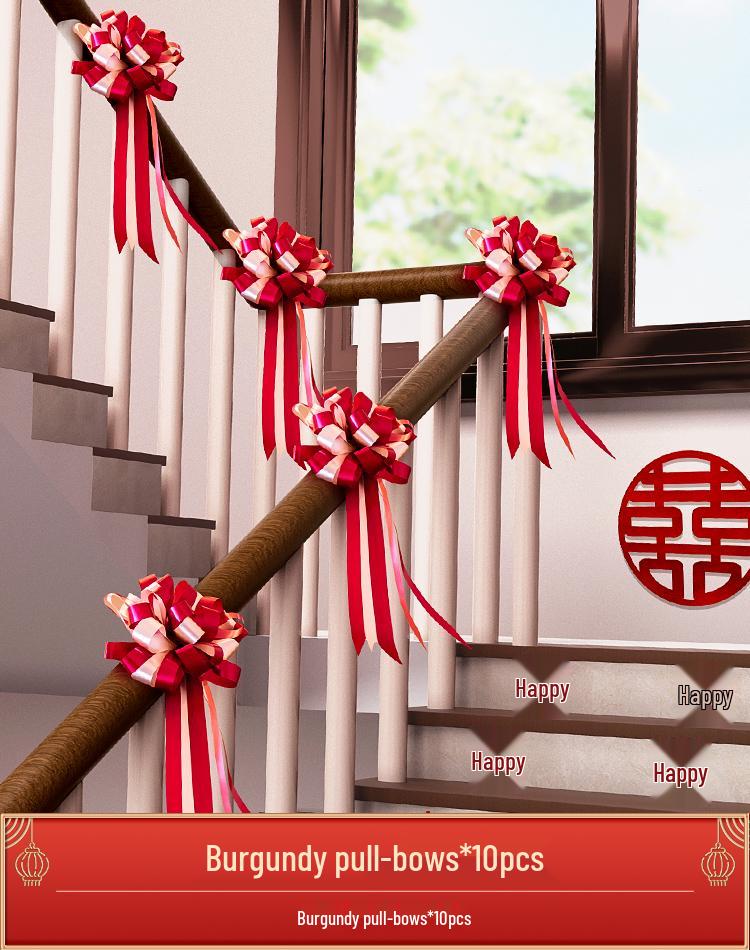 Online Celebrity Wedding Stair Railing Décor Set: Groom's Ceremony Ribbons, Bows, and Pull Flowers