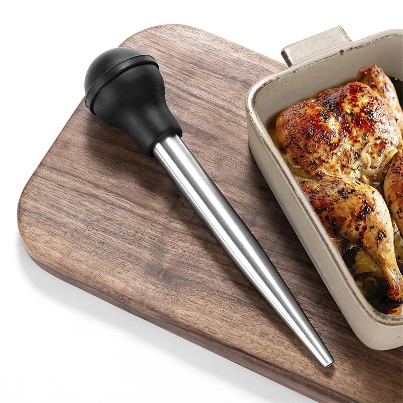 304 Stainless Steel Silicone BBQ Turkey Pump Double Needle with Kitchen Cooking Pork Steak Meat Sauces Barbecue Seasoning Tool