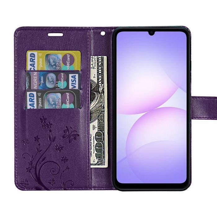 Coque de Protection - BOOLING - Samsung Galaxy A07 - Synthécuir Motif Papillon Violet Foncé - 2 Vitres