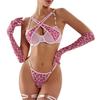 Sexy Lingerie Women's Ultra-thin Mesh Leopard Print Metal Chain with Gloves Leg Ring Four-piece Set