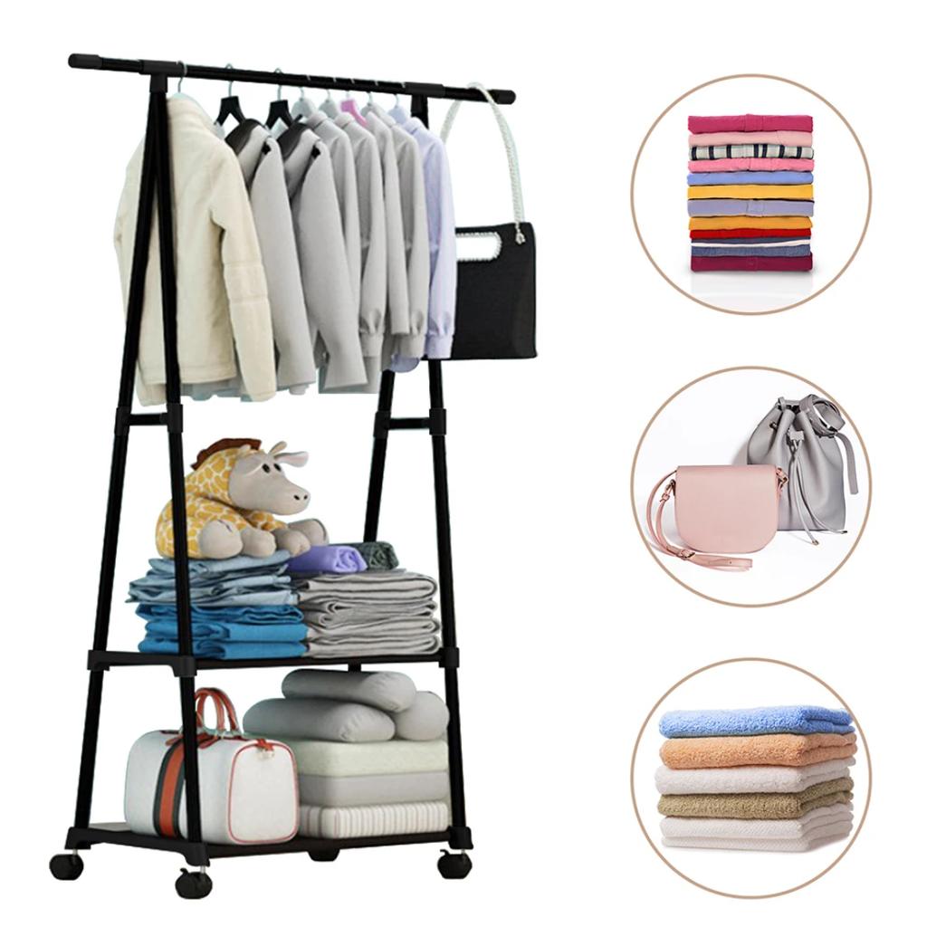 Clothes Rack 2-Tier Storage Shelves Stainless Steel Rolling Garment Rack Organizer with Wheels 2 Coat Hooks for Shoes Clothing