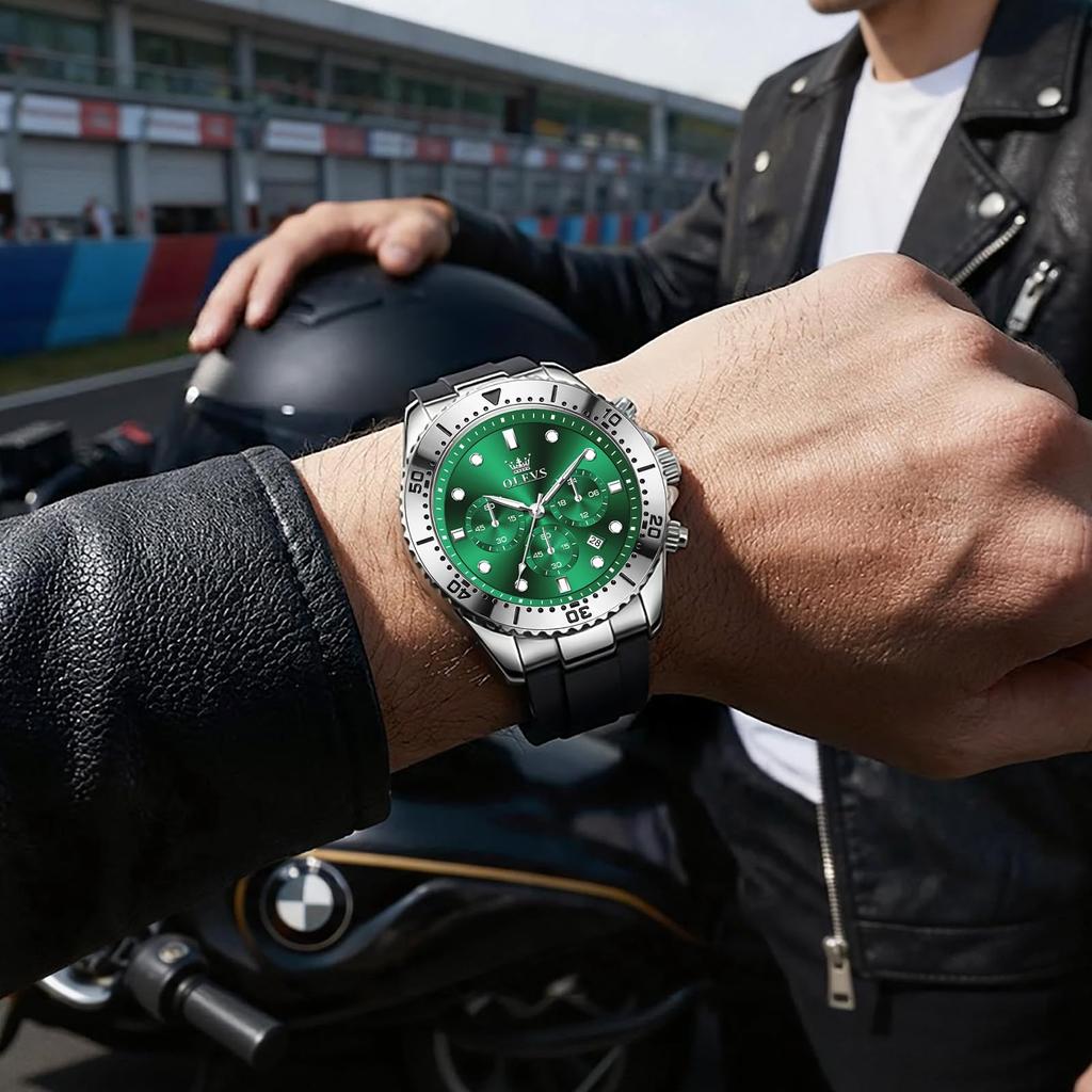 OLEVS Silicone Analog 3 ATM Water Date Green Silicone Unidirectional Rotating Bezel Men's Watch, Strap, Quartz, Resistant, Chronograph, Display, Dial,