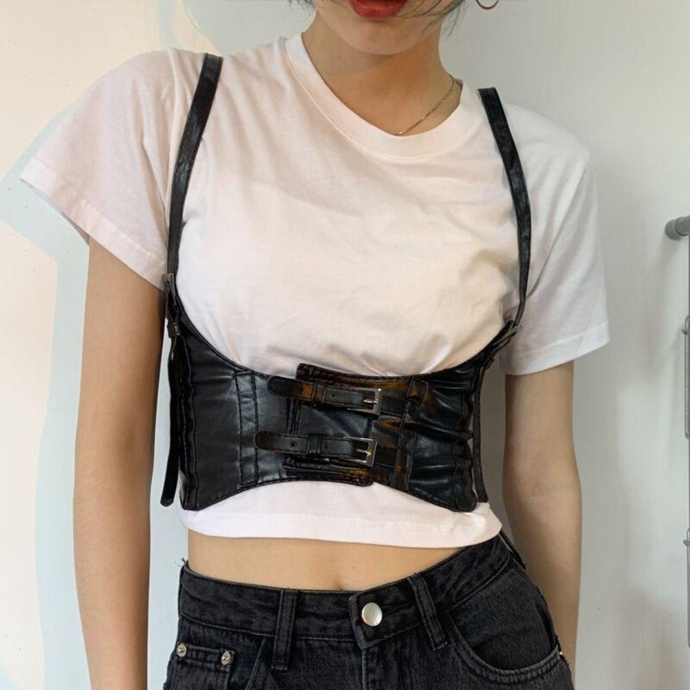 Dress Girdle Wide Belt PU Leather Waist Corset Gothic Suspenders Elastic Cummerbunds  Ladies