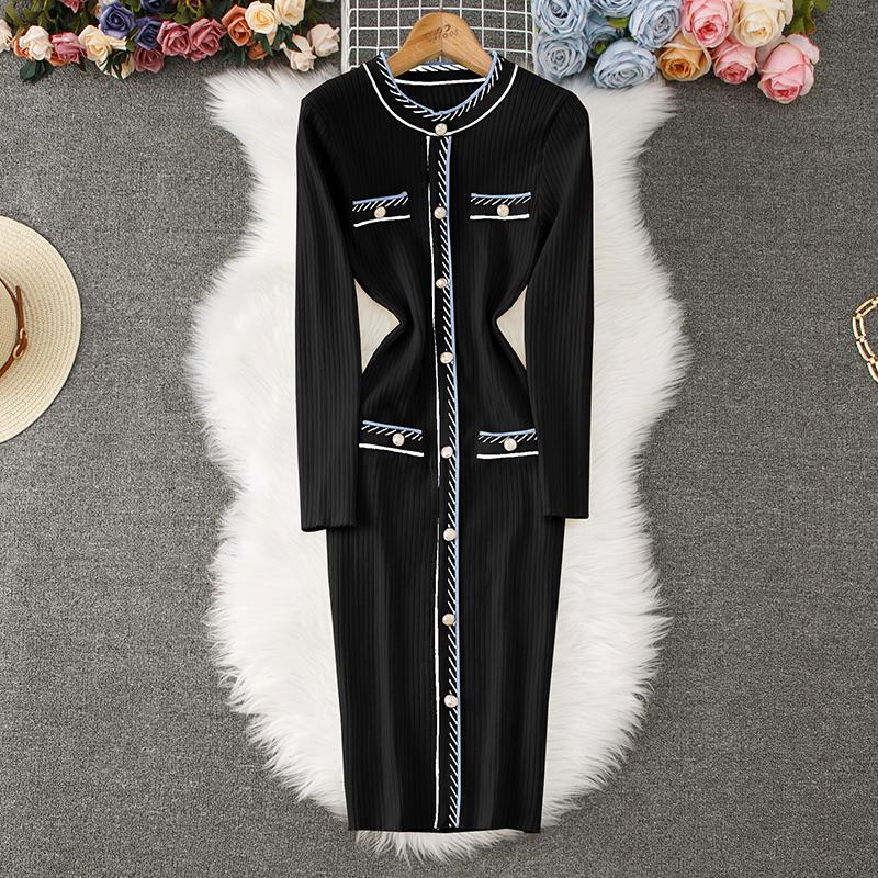 Autumn Winter Women Elegant O-neck Knitted Sweater Slim Bodycon Sheath Pullover Dresses