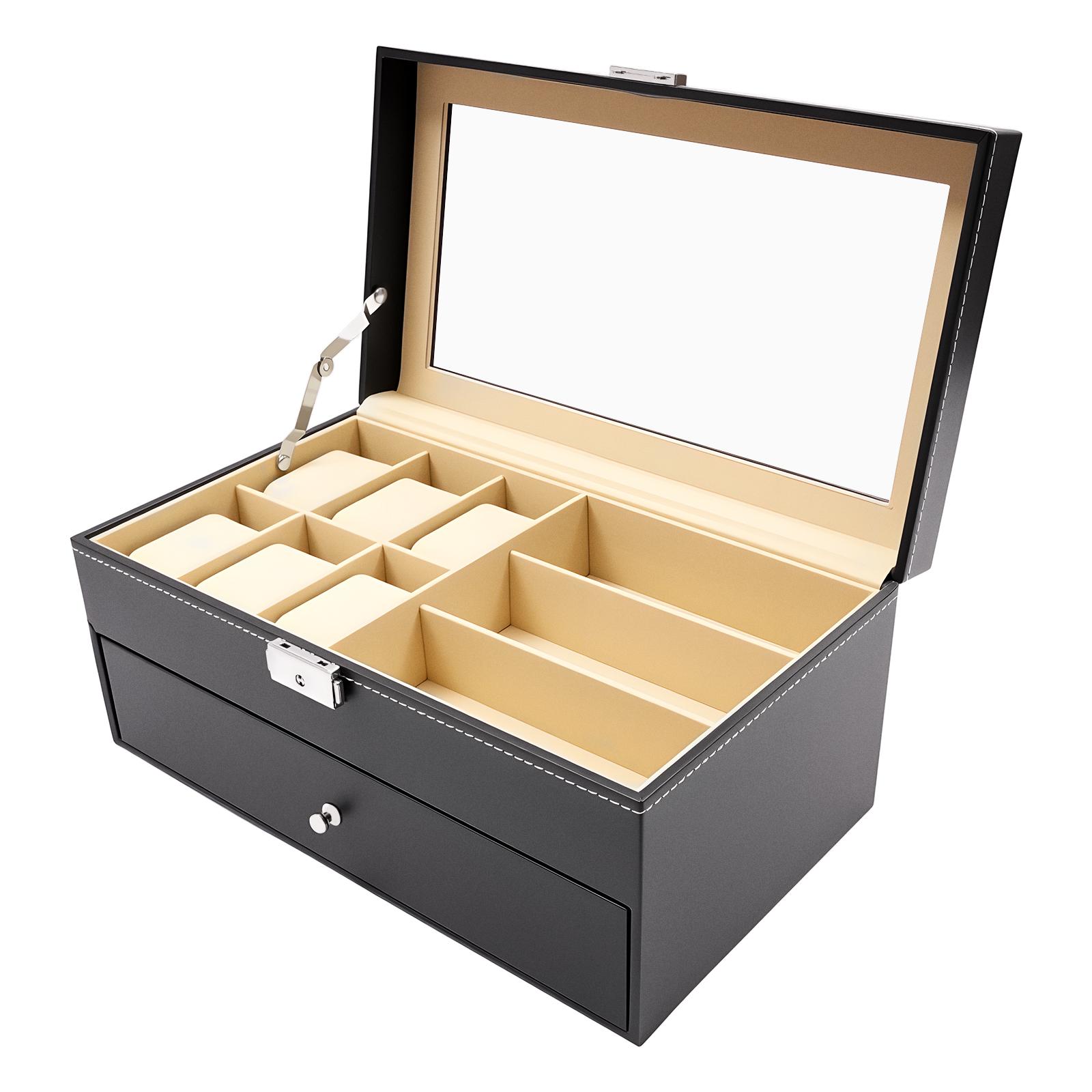 

Коробка для хранения часов, 6 часов 3 слота Органайзер для солнцезащитных очков 2 слоя Запираемый держатель Мужской и женский ювелирный дисплей Выдвижной кейс ПУ чёрный