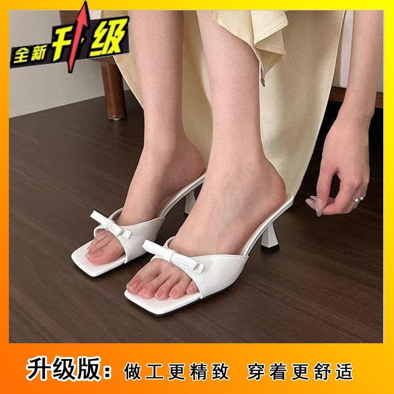 Breathable and lightweight medium heel stiletto sandals summer 2025 new elegant French non-slip bow cool slippers