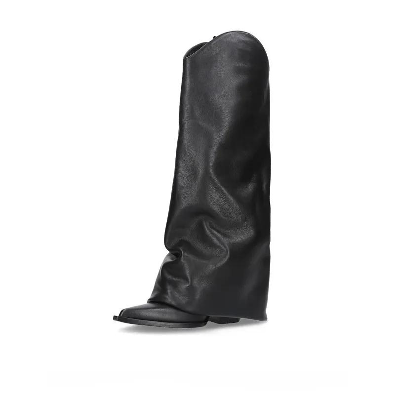 Fashion New Pointed Toe Sloping Pleated Lazy Knee High Boots Women's European American Fashion Black Beige Skirt and Boots Size 35-43