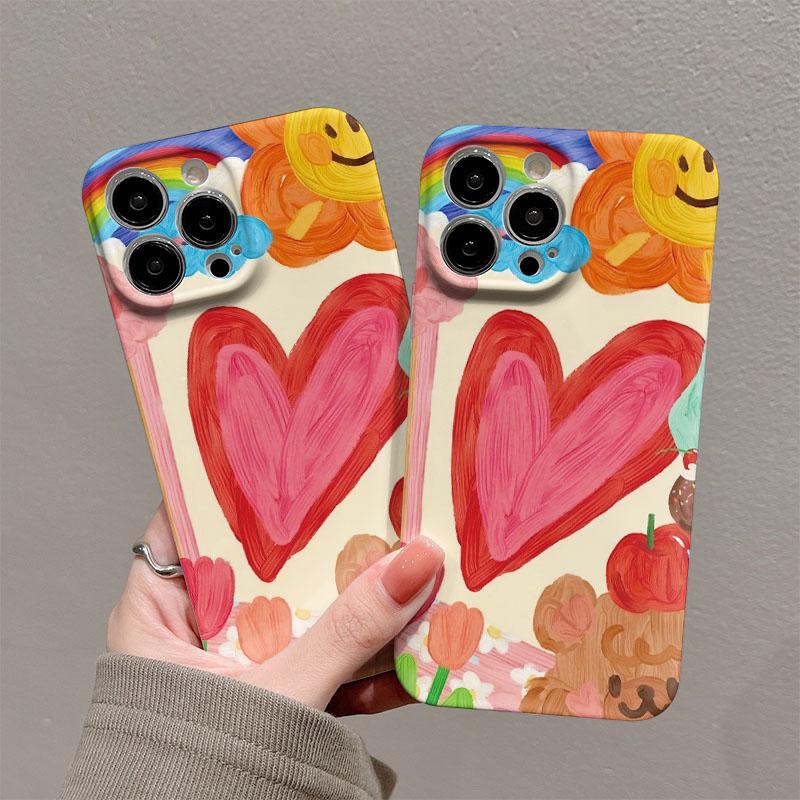 Cartoon Love Heart Pattern Glossy Film Hard PC Phone Case for Oppo A6 A5 A78 A3 A3X A60 A74 A38 A36 A17 A16e A55 Pro 4G 5G