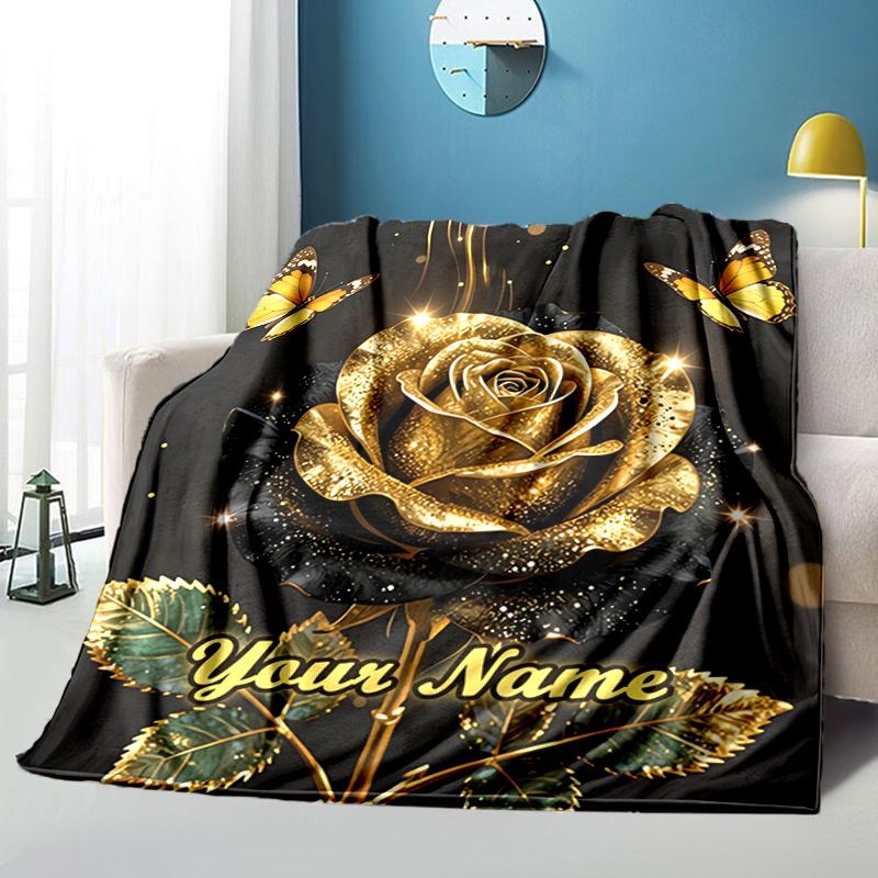 1PC Custom Name Golden Rose Elegance flannel blanket versatile,all-season throw suitable for the living room,bedroom,camping,travel,and gift