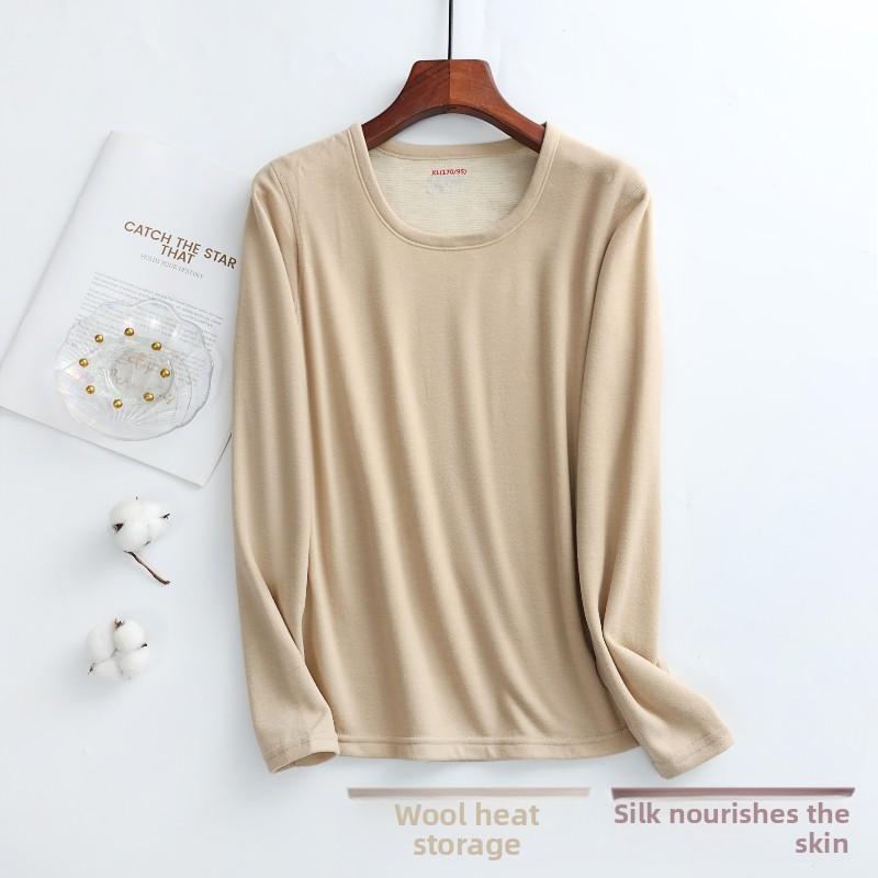 Women's Fleece Lined Wool Silk Round Neck Thermal Top Slim Fit Underwear Innerwear Double Layer Warmth Home Clothes
