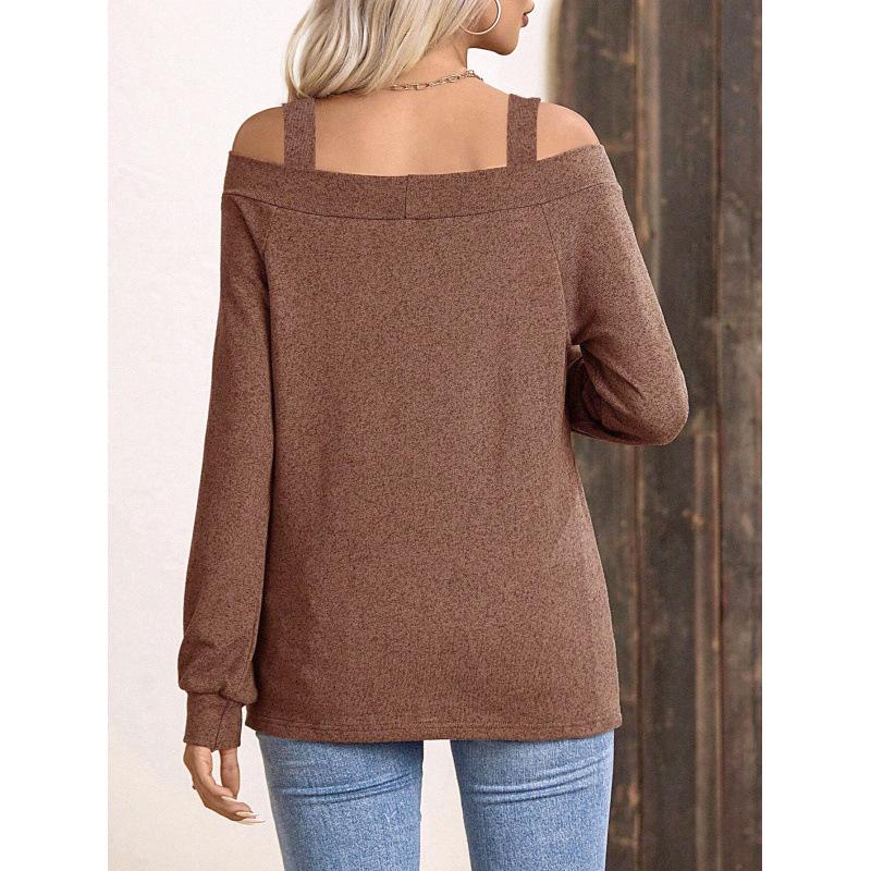 European and American Women's Fashion Off-the-Shoulder Long Sleeve Solid Color Top