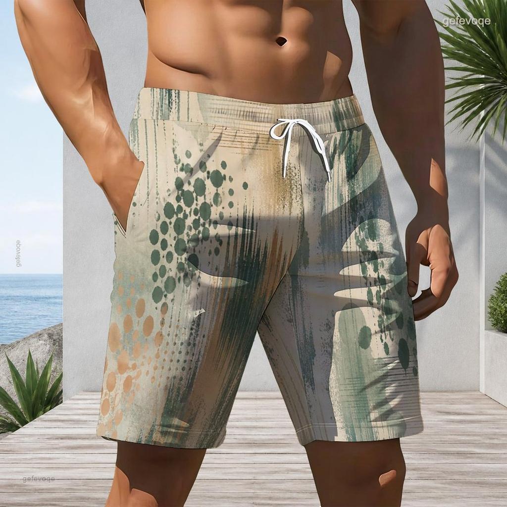 Men Plus Size Printed Beach Shorts Drawstring Waist Side Pockets Straight Leg