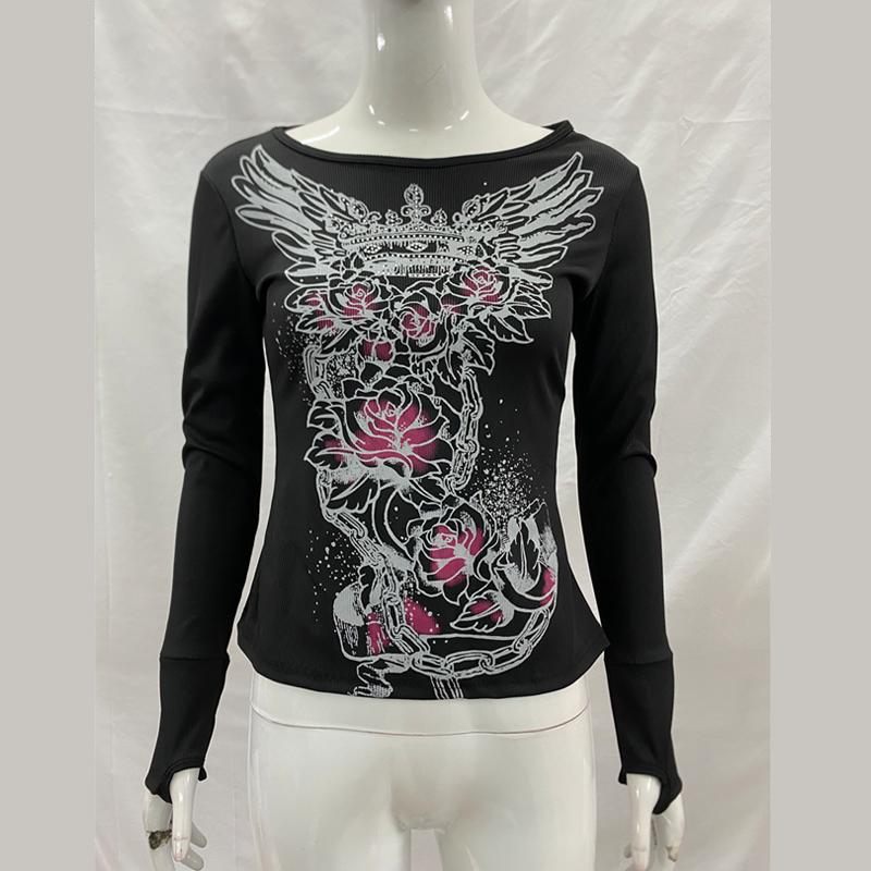 Y2K Autumn Gothic Spicy Girl Slim Fit Long Sleeved Printed Rhinestone T-shirt Retro Top
