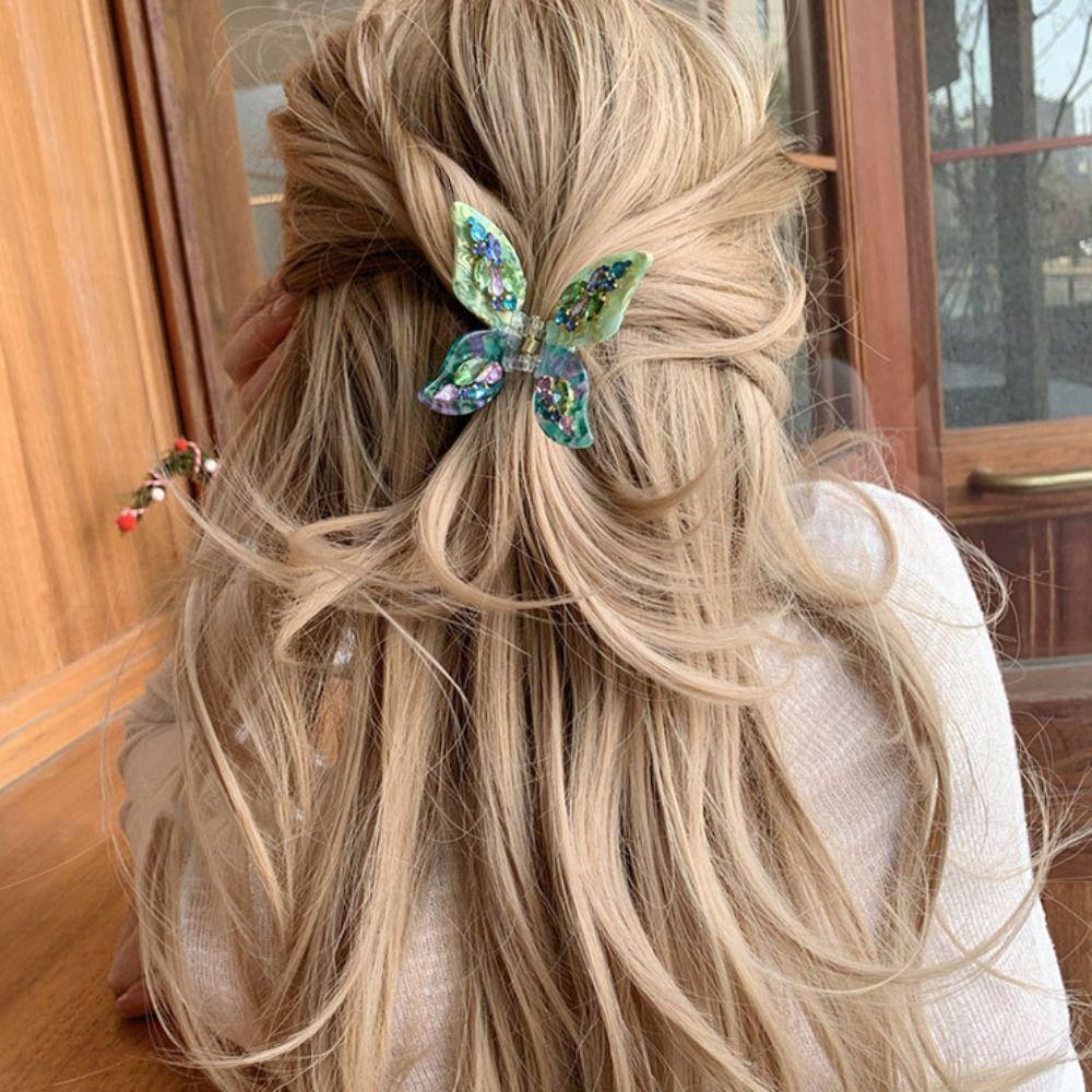 Crystal Acetic Rhinestone Hair Clip Hairpin Acetic Acid Shark Clip Butterfly Hair Claw  Female