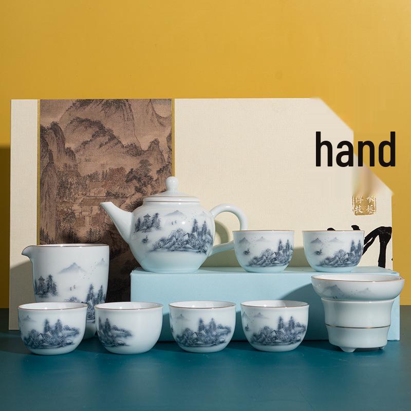 Celadon White Porcelain Tea Set with Gold Landscape: Complete Chinese Gaiwan Teapot and Teacup Set for Kung Fu Tea.