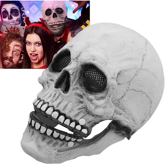 ZJchao Latex Full Head Skull Mask, Movable Jaw Talking Skeleton Mask, Professional Halloween Haunted House Cosplay Masks, Adjustable Horror Costume