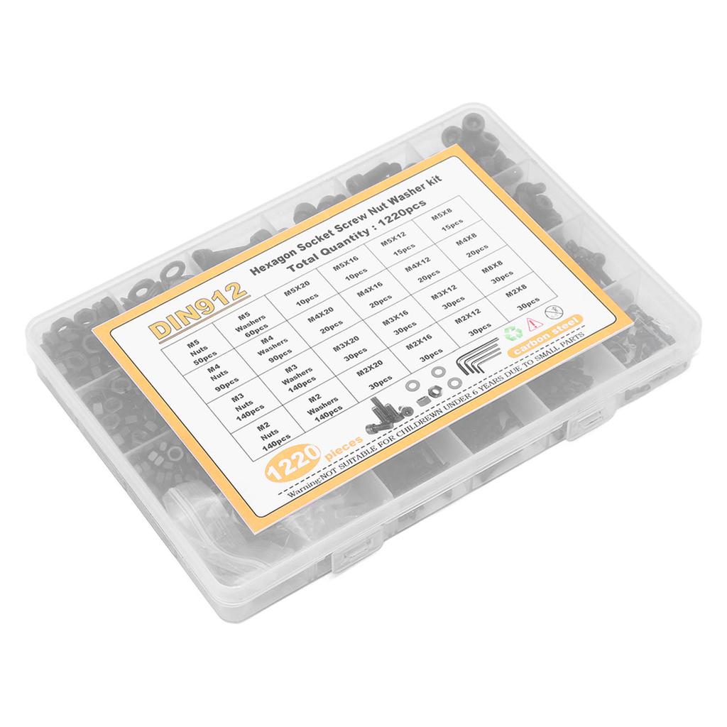 1220 Stück Innensechskant Schrauben Muttern Unterlegscheiben Sortimentskasten Zylinderkopf Kohlenstoffstahl M2 M3 M4 M5 Schwarz