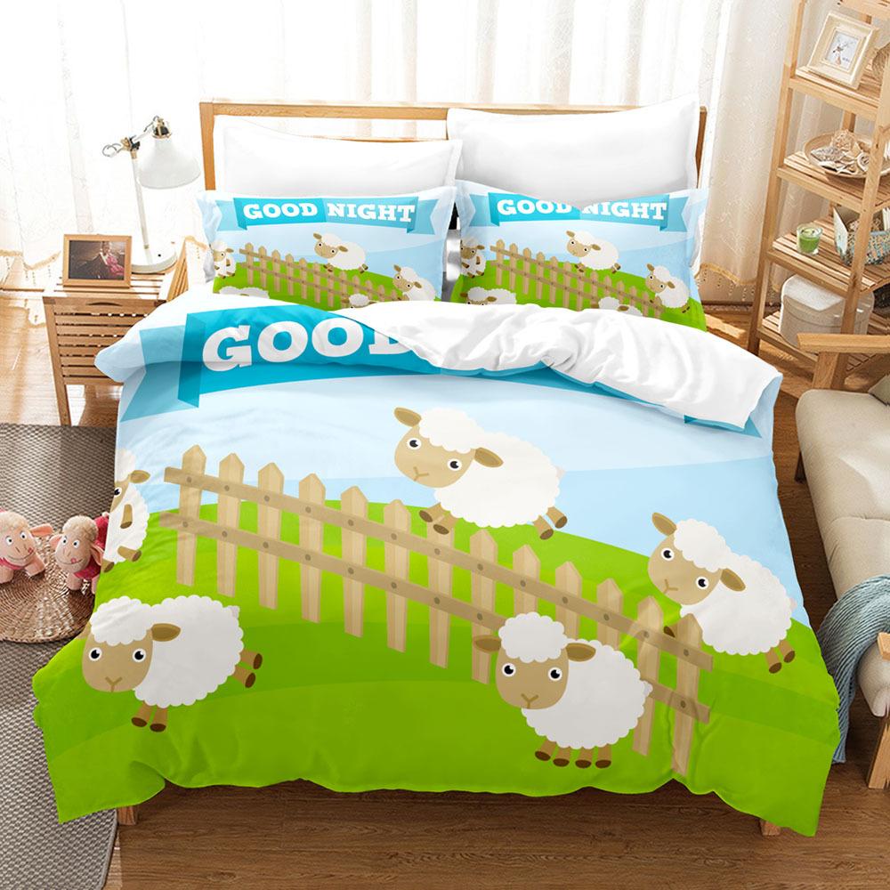 Sada povlaků na přikrývky se zvířaty Kreslený vzor s motivem bílé ovce Kawaii King Queen Twin Plná velikost pro děti Teens Polyester Sada povlečení