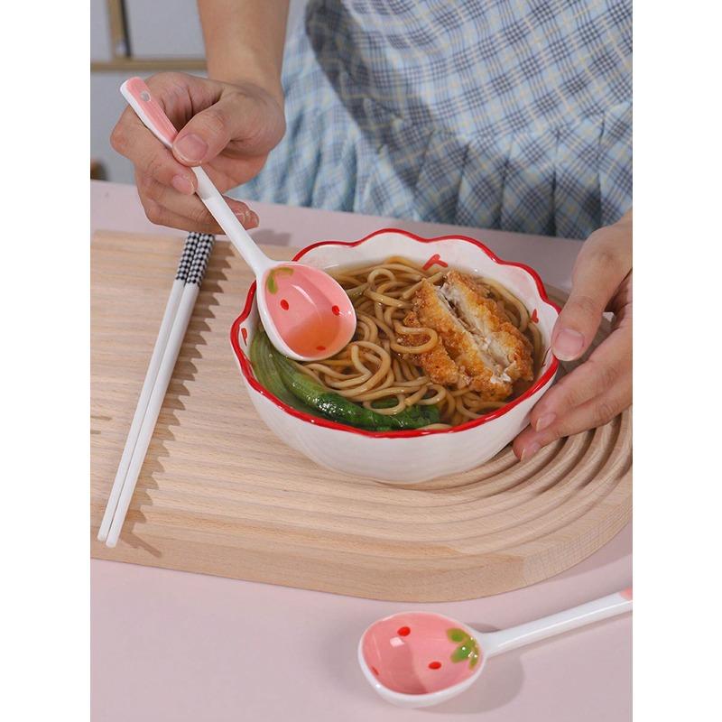 Pink Strawberry Ceramic Spoon Long-Handled Soup Spoon Houseware Spoon Dessert Spoon Set,Kitchen