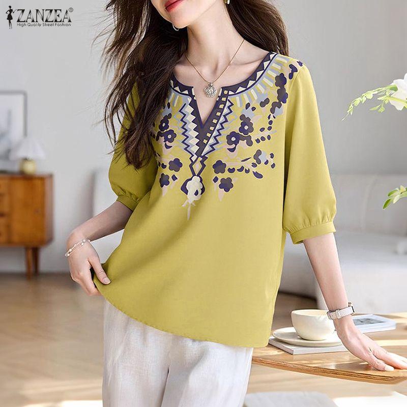 ZANZEA Ethnic Print Casual V-Neck Women 3/4 Sleeve Loose Blouse