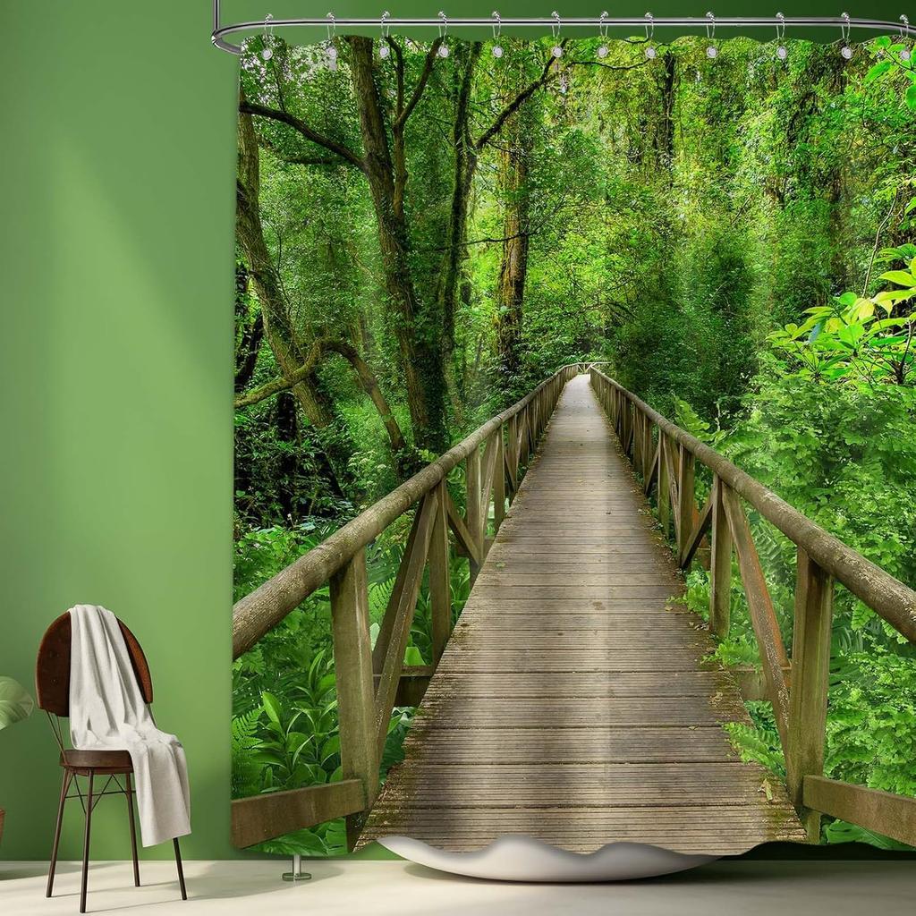 Nature Forest Wooden Bridge Shower Curtain 3D Rain Forest Scenic Landscape Shower Curta for Bathroom Decor, Waterproof Cloth Fabric with Hooks 70 X